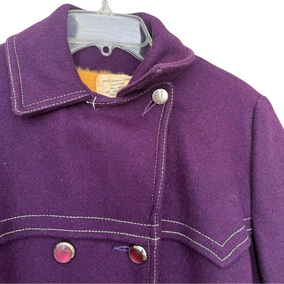 Vintage 1970s Belted Mod Pea Coat Size Small Purple Wool Blend Funky Retro - Picture 11 of 12